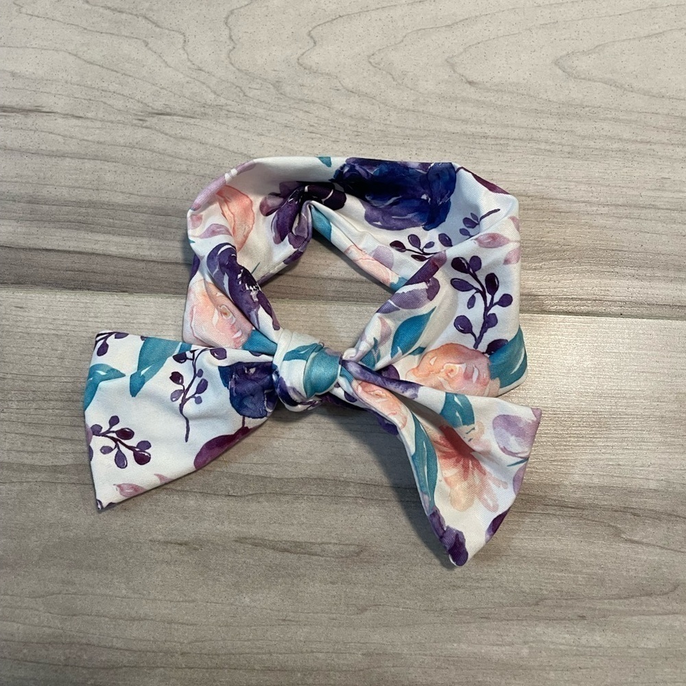 White With Blue and Purple Floral Print Baby Headband With Bow